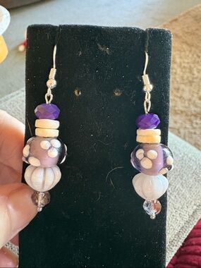 Hand Crafted Purple and White Floral Glass Bead Drop Earrings